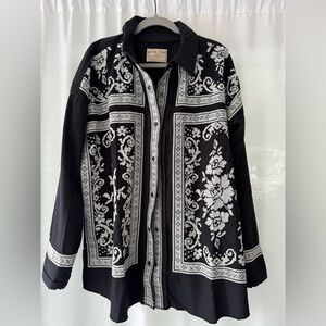 Free People We the Free Embroidered Denim Black and White Floral Button-Up Shirt
